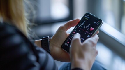 A woman monitors heartbeat or health charts using the smartphone close-up view. Generative ai