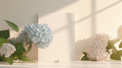 3D Blank rectangle paper card standing and blue-white hydrangea flowers on a beige background. Portrait mockup greeting card