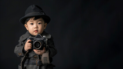 asian boy dressed up as a Photographer isolated on black background