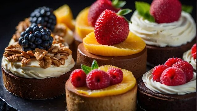beautiful different cakes with berries on display