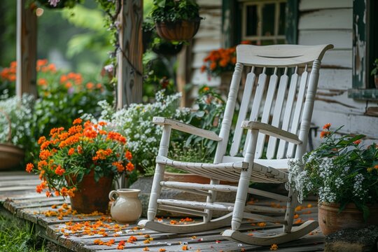 White Rocking Chair with Pots of Flowers, Orange and Green Hues, Rural America, Atmospheric Shots, Cabincore Aesthetic