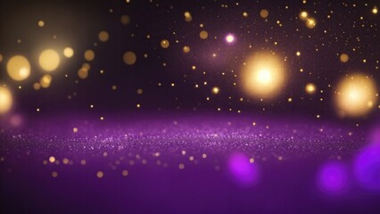 Purple and gold bokeh with elegant sparkling particles on dark background