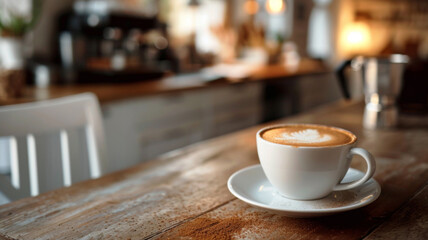 Fototapeta premium Close-up of coffee cup on wooden table in cafe. Blurred warm atmosphere, white cup with saucer, foam, rich coffee. Wooden table, cozy background of brown and yellow.
