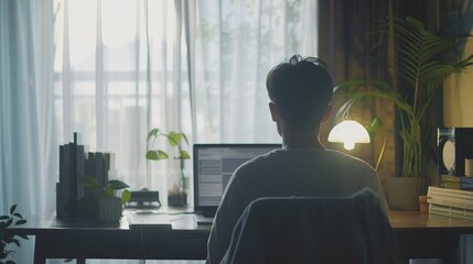 A young man working on a laptop facing the window, view from his back. Work from home concept, home office. Generative ai