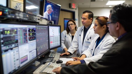 A team of specialist doctors analyzing results on multiple monitors or monitoring ECU patients' live heartbeat and medical record details, the Concept of hospitals use modern computer technology. Gene