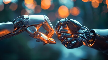 A symbolic fist bump under orange illumination where robot meets human showcasing a bond across species