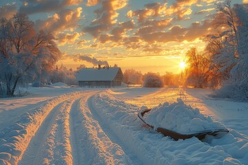 A breathtaking winter scene with a golden sunrise illuminating the snow-covered trees and a quaint wooden house