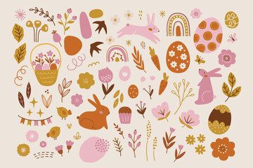 Easter design elements - rabbit, chicken, egg, leaves, flower, berry, carrot