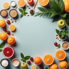 composition with tasty fruits and berries on color background composition with tasty fruits and...