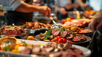 Gourmet catering buffet at a celebration, presenting an assortment of colorful, tasty meat and vegetable dishes for joyful gatherings.