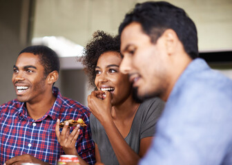 Pizza party, smile and with group of friends eating together in restaurant for social bonding. Meal, funny or laughing with happy young men and women enjoying fast food for hunger or conversation