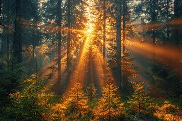 Intense golden beams of light filter through the trees of a lush forest, highlighting the textures and depth of the woods