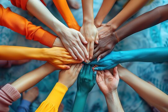 Striking image of a pile of diverse hands, vividly painted, reaching towards the center in solidarity