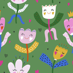 Cute dancing flowers seamless pattern. Childish funny floral print for fabric, textile. Vector texture.