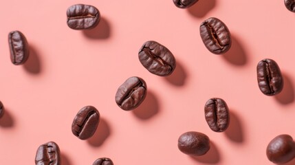 Coffee beans artfully scattered on a soft pink background, creating a charming seamless pattern. Ideal for backgrounds, textures, and print designs, adding a touch of elegance to any project.