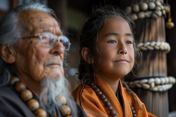 A wise elderly man and his granddaughter share a contemplative moment in a traditional Japanese setting