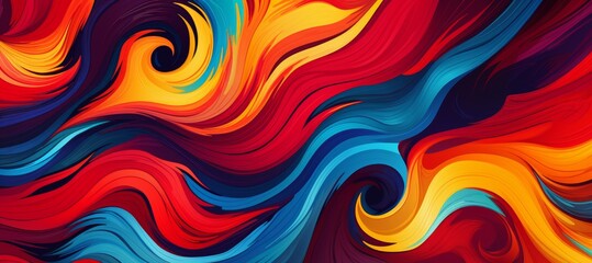An abstract background with vibrant wavy lines in yellow, blue, red. Banner.