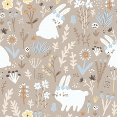 Seamless childish floral pattern with cute hand drawn rabbits. Creative pastel kids hand drawn texture for fabric, wrapping, textile, wallpaper, apparel. Vector illustration - 753097551