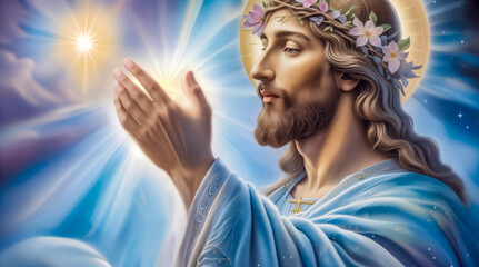 jesus with a floral wreath on his head and blessing hands in holy rays of spiritual light. bible illustration, christian mysticism, catholic religious art, christianism. fantasy art portrait
