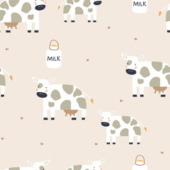 Cartoon seamless pattern with cow and milk. Childish texture with funny cartoon cow. Pastel vector illustration