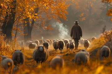 A lifelike portrayal of a shepherd with his staff, vigilantly guiding his flock of sheep across the tranquil field, encapsulating the timeless bond between man and animal - obrazy, fototapety, plakaty