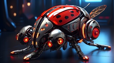A creative take on the ladybird, with a futuristic and robotic design, complete with glowing neon lights and sleek metallic wings.