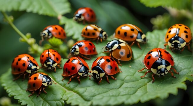 ladybird on a leaf, A diverse group of ladybirds, each with their own distinct color and pattern, creating a visually stunning display against a backdrop of lush green leaves.