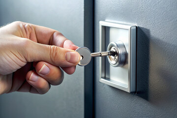 Detail of Hand Inserting Key into Safe Lock