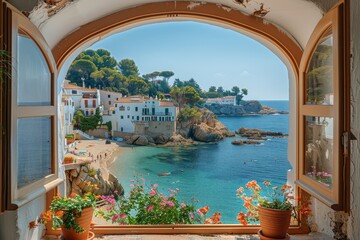A picturesque view of a white sandy beach and turquoise waters seen through the rustic charm of an arched window adorned with flowers