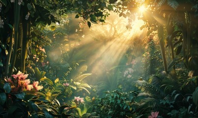 Fototapeta na wymiar Oasis of lush foliage and exotic flora as the first light of dawn bathes a beautiful jungle garden in warm