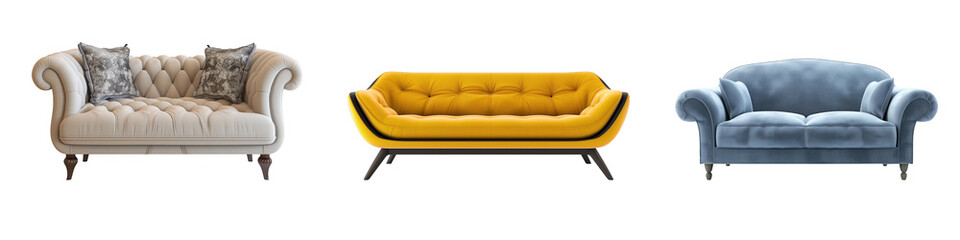 Set of modern sofas in yellow, blue and white colors isolated on transparent background. Modern sofas close-up, front view. Graphic design element on the theme of furniture.