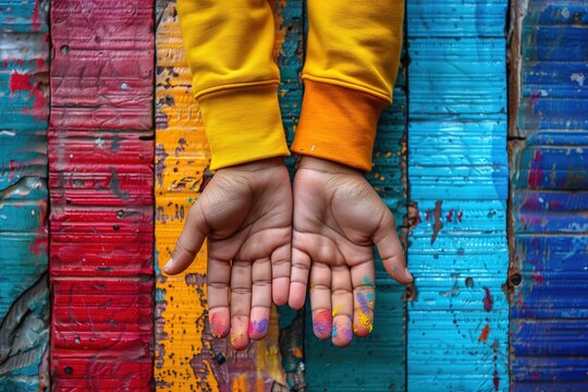 Hands with splattered colorful paint held open against a vibrant, paint-smeared background