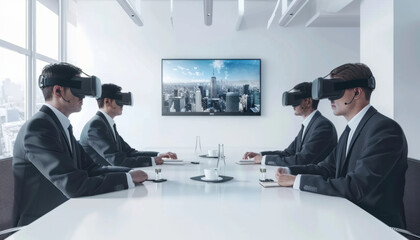 A group of business people wearing virtual reality glasses at a presentation in the office.