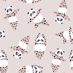 Seamless pattern with cute panda doing yoga. Cartoon creative pink panda texture. Vector illustration