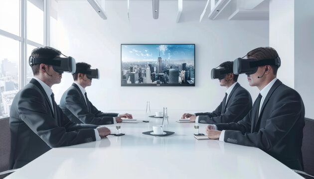 A group of business people wearing virtual reality glasses at a presentation in the office.