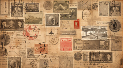 the nostalgia of globetrotting with a photograph featuring passport visa stamps arranged on sepia-textured paper, evoking a sense of adventure and worldly experiences