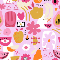 Seamless pattern with abstract fruits, shapes, eye, heart, flowers. Modern pink texture for fabric, textile, packaging. Vector illustration