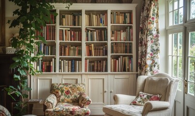 Ambiance of a white wooden bookcase nestled in a corner of a quintessential English cottage