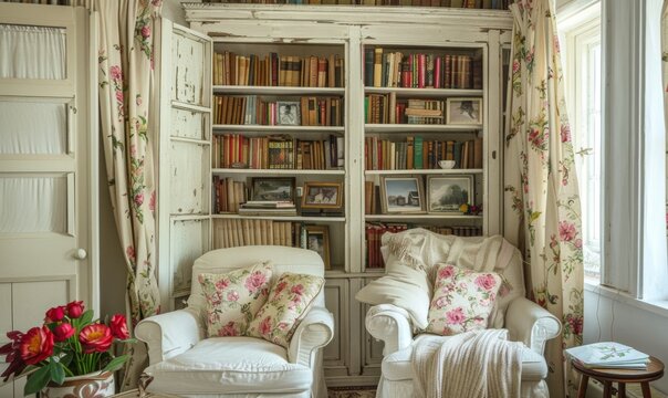 Ambiance of a white wooden bookcase nestled in a corner of a quintessential English cottage