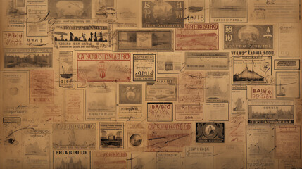the nostalgia of globetrotting with a photograph featuring passport visa stamps arranged on sepia-textured paper, evoking a sense of adventure and worldly experiences
