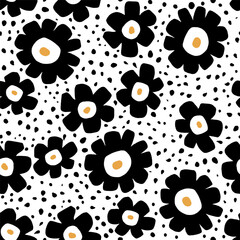 Seamless floral pattern with black abstract flowers. Botanical monochrome bold texture. Vector illustration