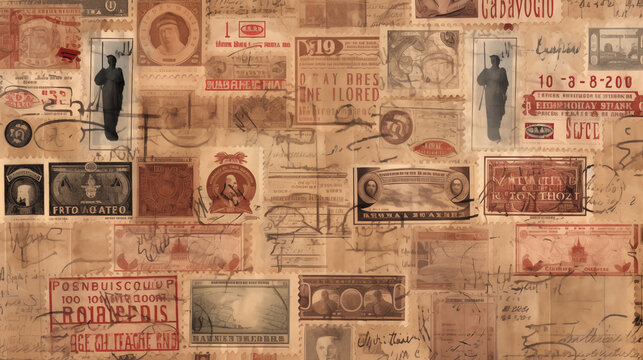 the nostalgia of globetrotting with a photograph featuring passport visa stamps arranged on sepia-textured paper, evoking a sense of adventure and worldly experiences