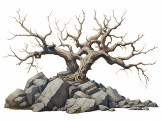 A dead tree that once grew between large rocks. Isolated on a white background.