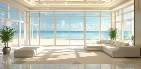 Modern beach house living room with ocean view