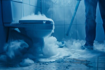 Overflowing toilet with foam in a tiled bathroom - obrazy, fototapety, plakaty