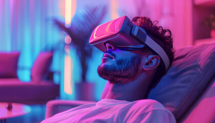 Fototapeta premium man relaxes in a chair immersed in virtual reality.