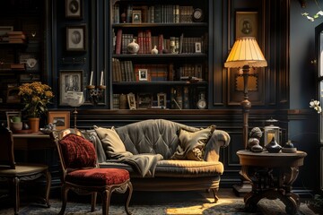 Fototapeta na wymiar Luxurious vintage style living room interior with rich textures and bookshelves.