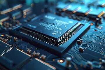 Close-up of a microprocessor chip on a blue circuit board, technology concept. - obrazy, fototapety, plakaty