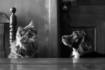 Artistic black and white photo of a cat and dog gazing, pet companionship.