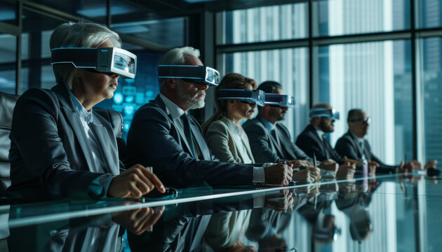 A group of business people wearing virtual reality glasses at a presentation in the office.